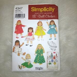 SIMPLICITY 4347 Simplicity Archives 18" doll clothes, fits American Girl…
